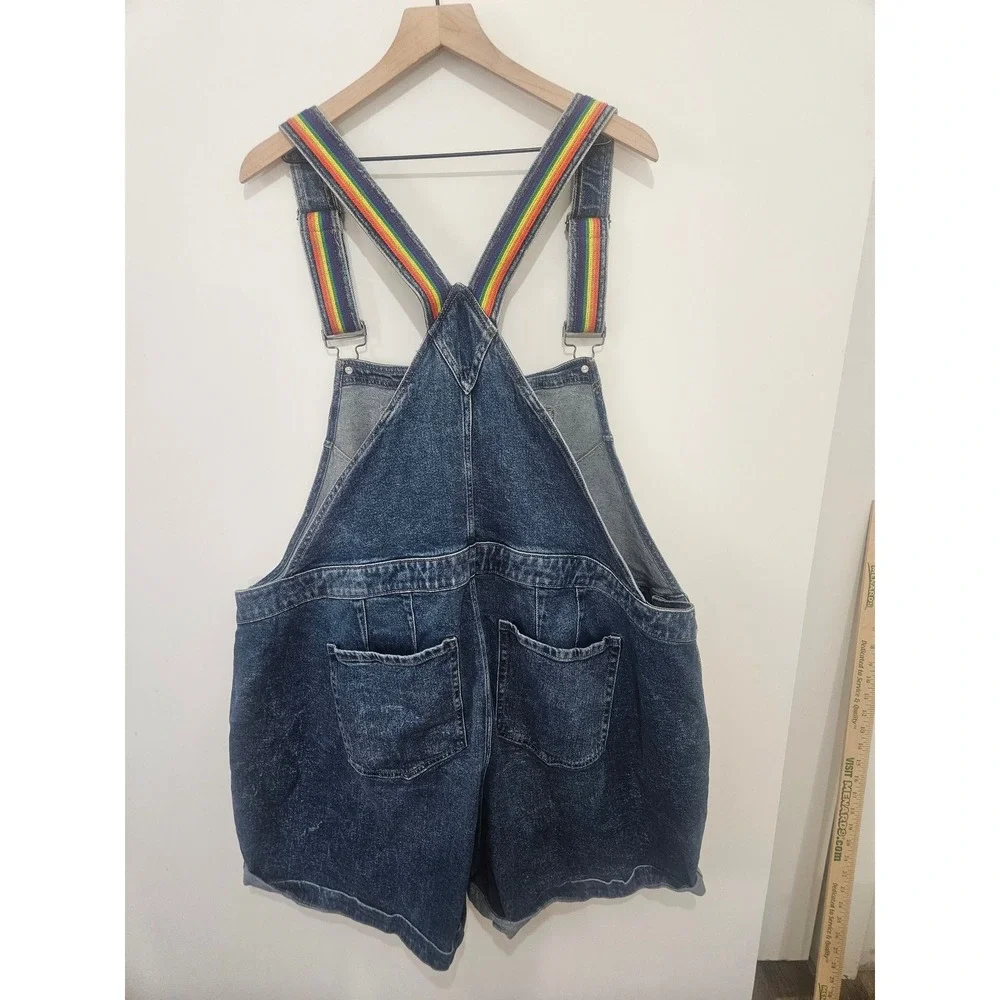 Lane Bryant Rainbow Strap Denim Boyfriend Overalls Shorts Distressed Blu Size 28 - Picture 9 of 9